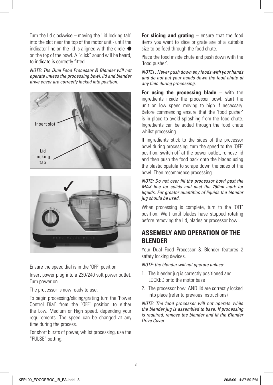 Assembly and operation of the blender | Kambrook KFP100 User Manual | Page 8 / 24