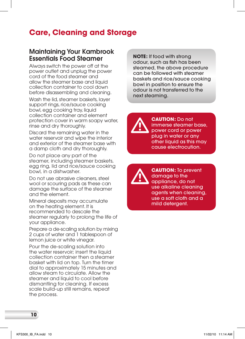 Care, cleaning and storage, Maintaining your kambrook essentials food steamer | Kambrook KFS300 User Manual | Page 10 / 28
