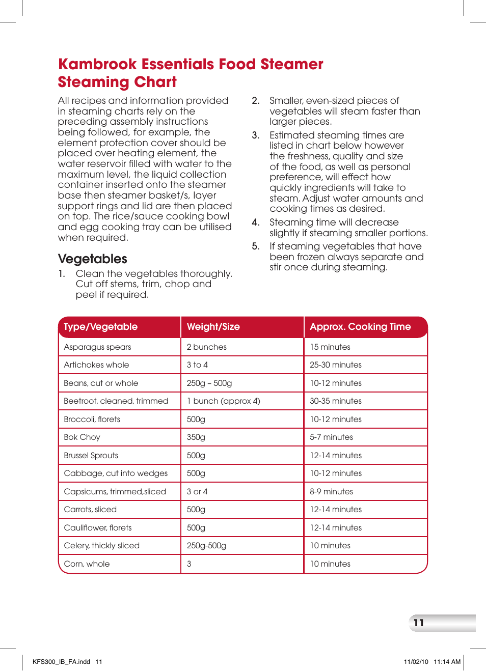 Kambrook essentials food steamer steaming chart, Vegetables | Kambrook KFS300 User Manual | Page 11 / 28