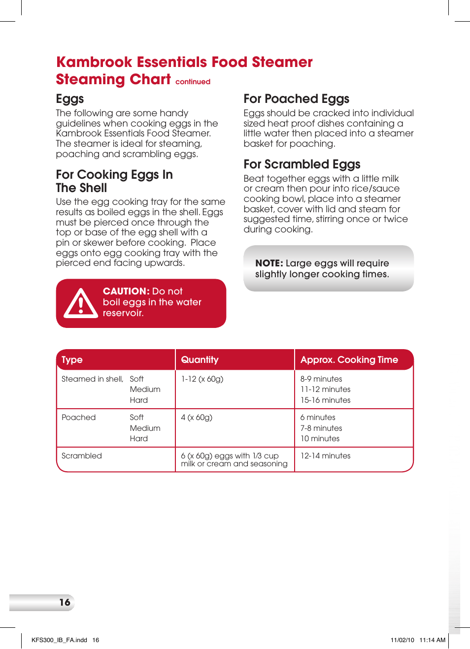 Kambrook essentials food steamer steaming chart, Eggs, For cooking eggs in the shell | For poached eggs, For scrambled eggs | Kambrook KFS300 User Manual | Page 16 / 28