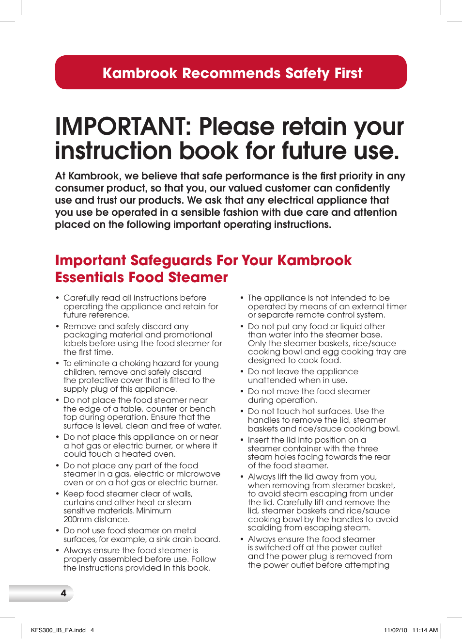 Kambrook recommends safety first | Kambrook KFS300 User Manual | Page 4 / 28