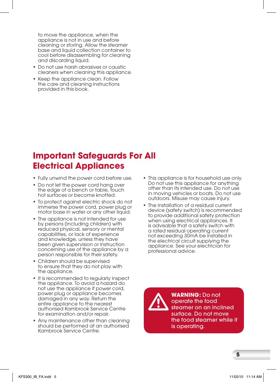 Important safeguards for all electrical appliances | Kambrook KFS300 User Manual | Page 5 / 28