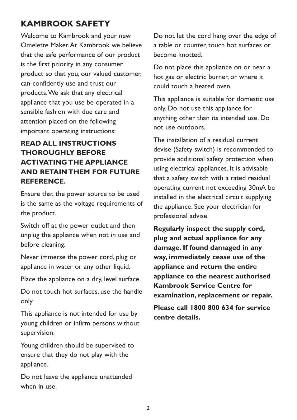 Kambrook safety | Kambrook KOM2 User Manual | Page 2 / 8
