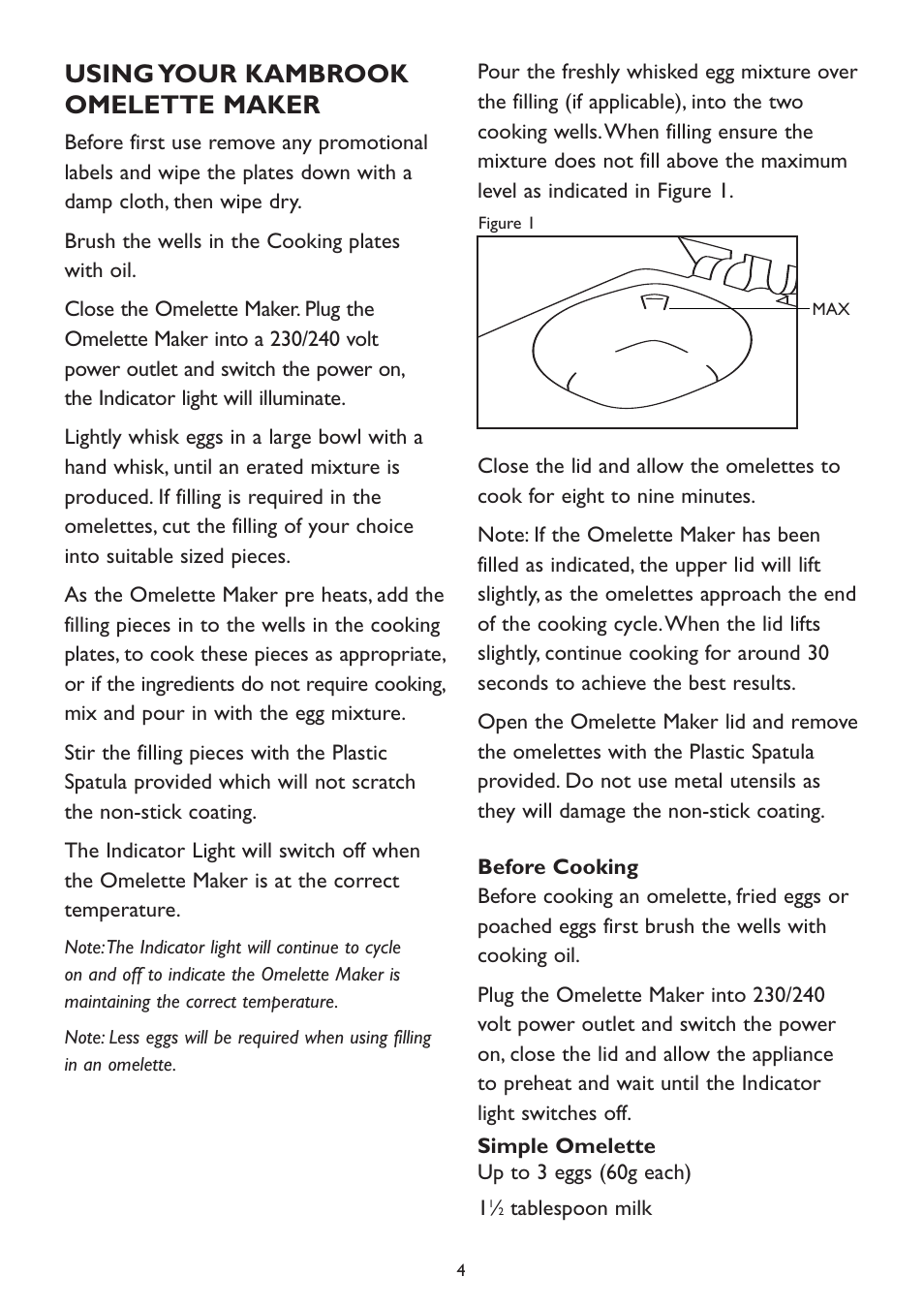 Using your kambrook omelette maker | Kambrook KOM2 User Manual | Page 4 / 8