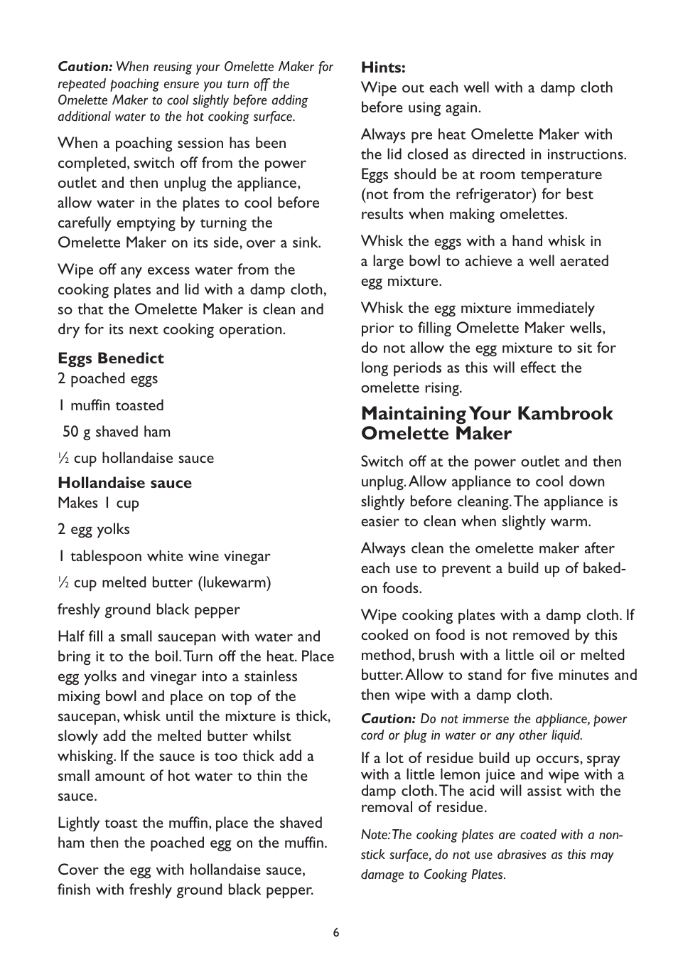 Maintaining your kambrook omelette maker | Kambrook KOM2 User Manual | Page 6 / 8