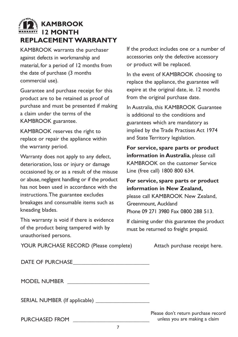 Kambrook 12 month replacement warranty | Kambrook KOM2 User Manual | Page 7 / 8