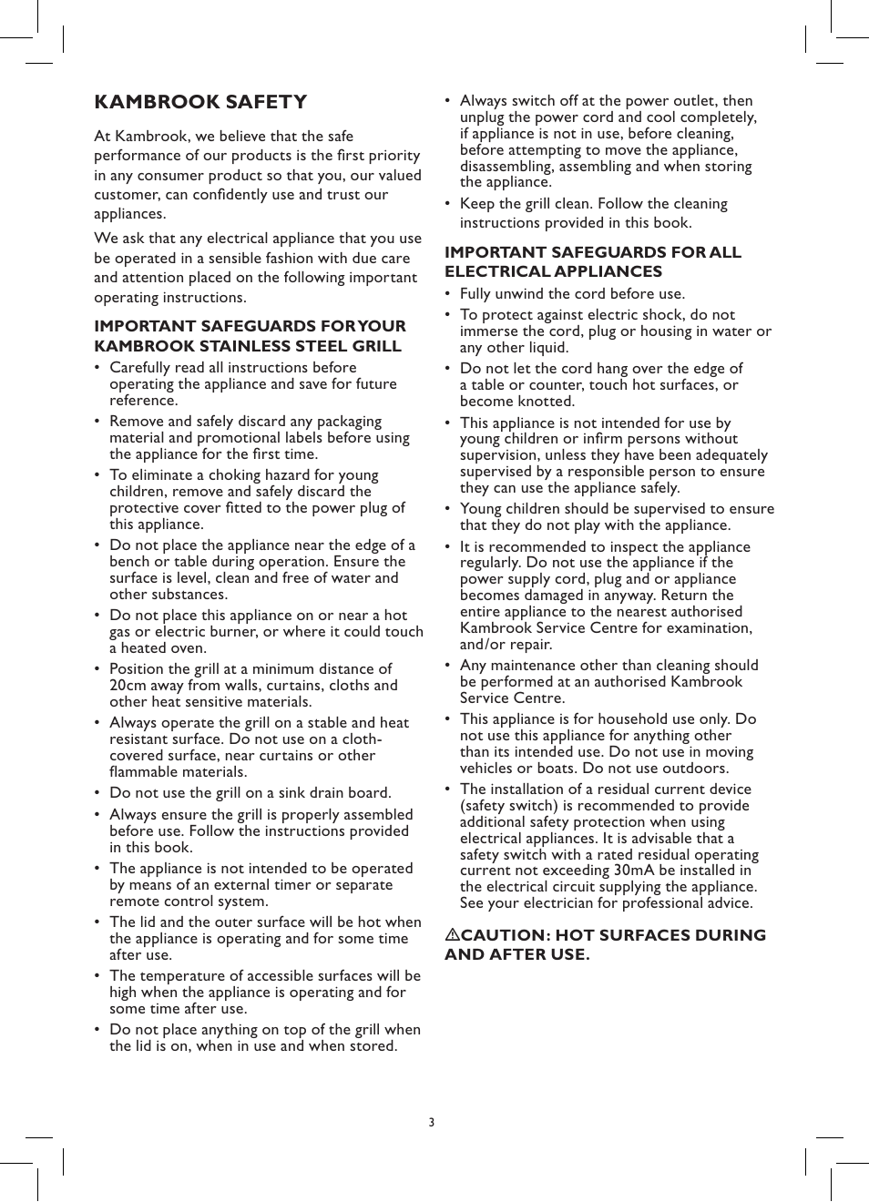 Kambrook safety | Kambrook KCG100 User Manual | Page 3 / 12