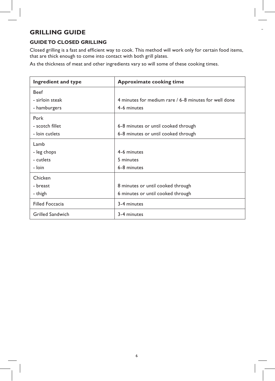 Grilling guide | Kambrook KCG100 User Manual | Page 6 / 12