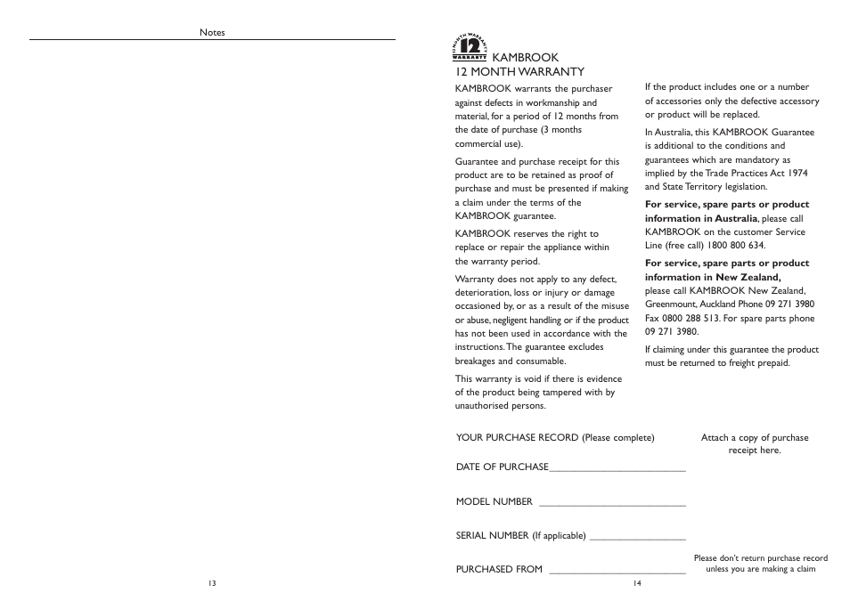 Kambrook 12 month warranty | Kambrook KB600 User Manual | Page 8 / 8