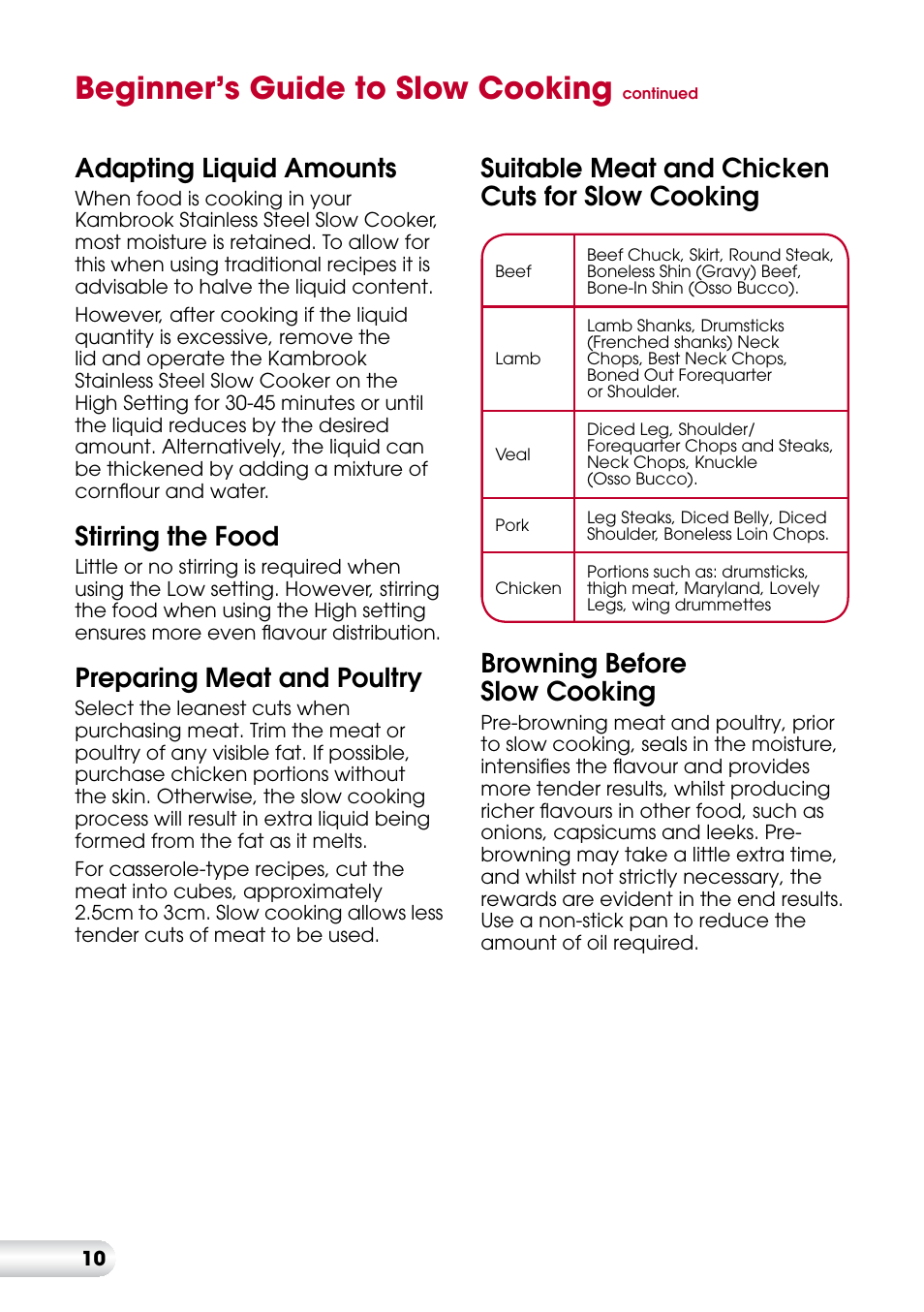 Beginner’s guide to slow cooking, Adapting liquid amounts, Stirring the food | Preparing meat and poultry, Suitable meat and chicken cuts for slow cooking, Browning before slow cooking | Kambrook KSC360 User Manual | Page 10 / 24