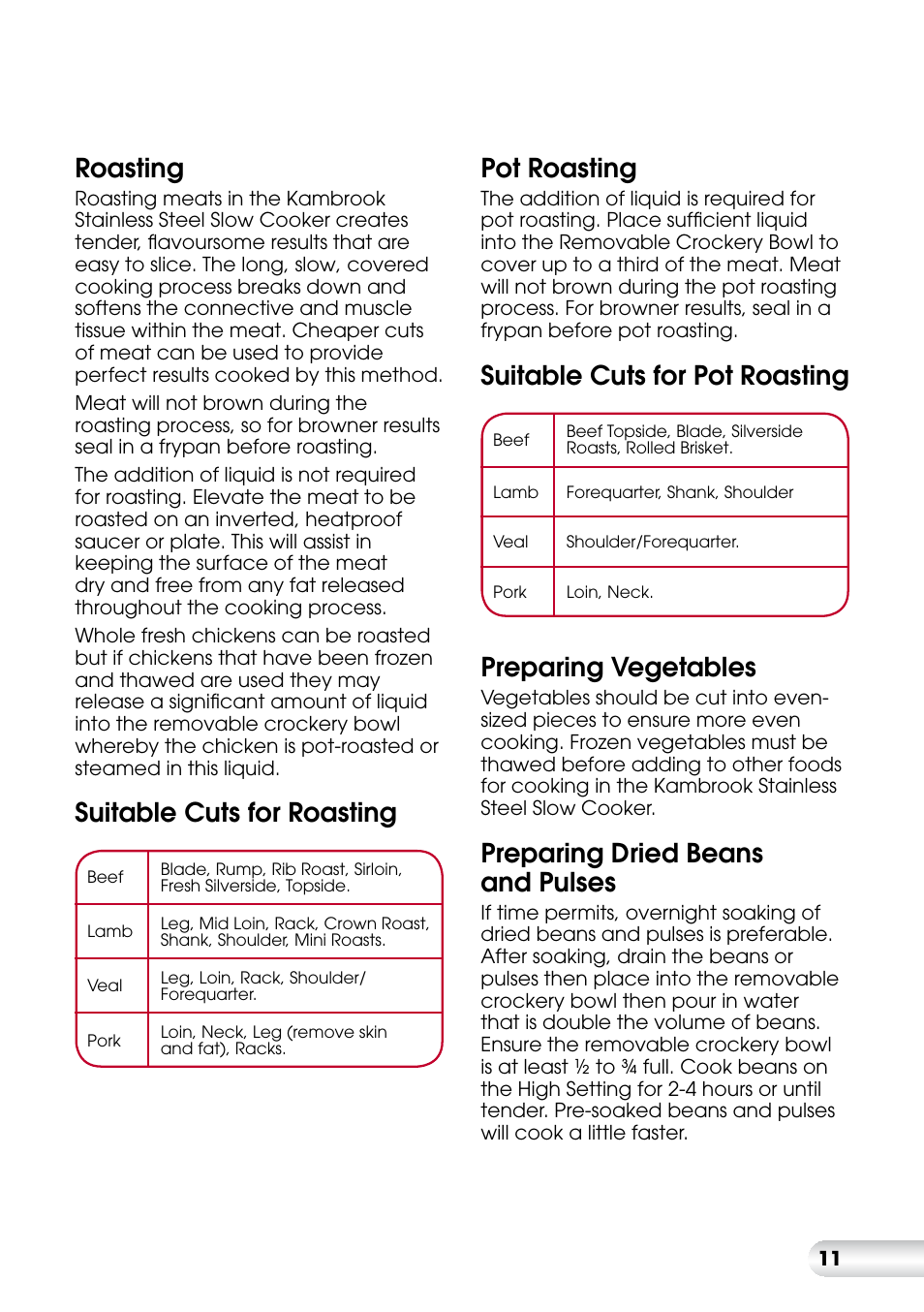 Roasting, Suitable cuts for roasting, Pot roasting | Suitable cuts for pot roasting, Preparing vegetables, Preparing dried beans and pulses | Kambrook KSC360 User Manual | Page 11 / 24