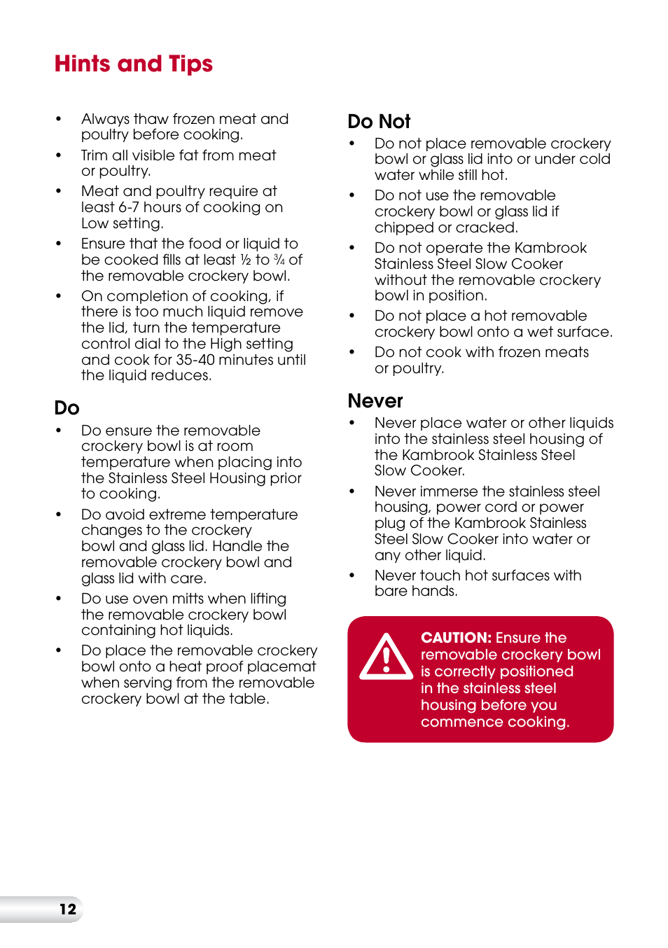 Hints and tips, Do not, Never | Kambrook KSC360 User Manual | Page 12 / 24