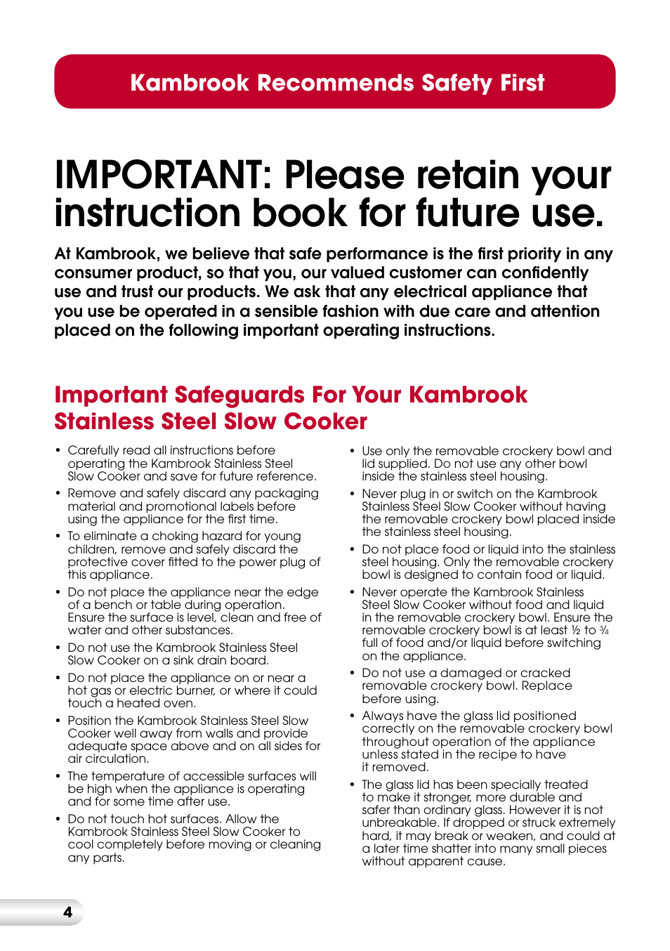 Kambrook recommends safety first | Kambrook KSC360 User Manual | Page 4 / 24