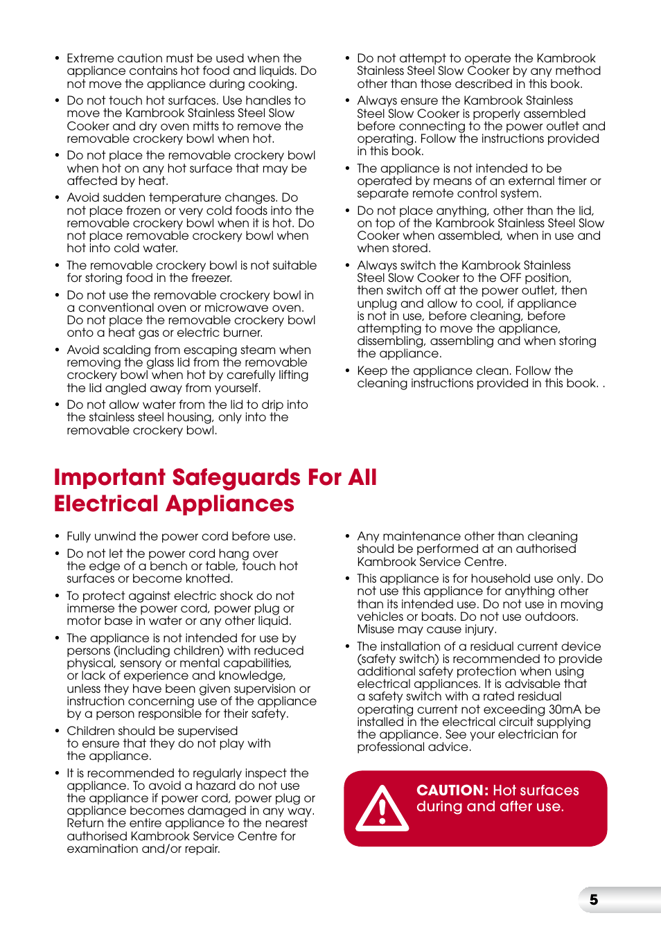 Important safeguards for all electrical appliances | Kambrook KSC360 User Manual | Page 5 / 24