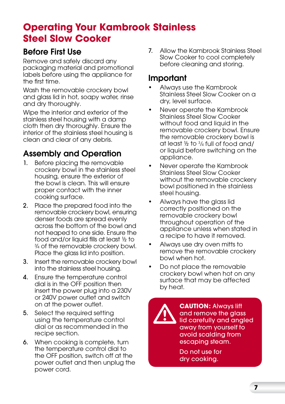 Before first use, Assembly and operation, Important | Kambrook KSC360 User Manual | Page 7 / 24