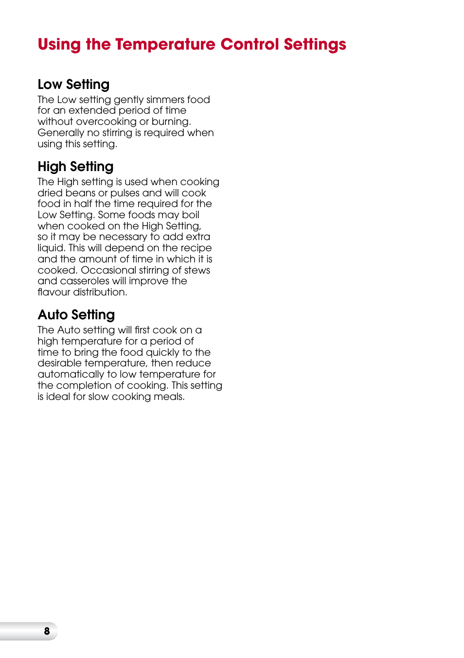 Using the temperature control settings, Low setting, High setting | Auto setting | Kambrook KSC360 User Manual | Page 8 / 24