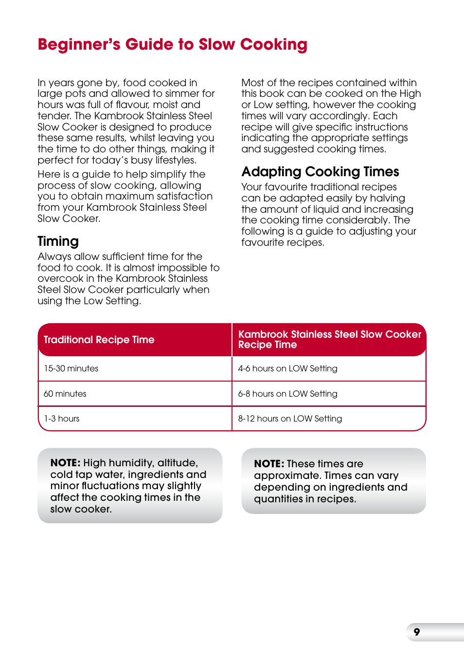 Beginner’s guide to slow cooking, Timing, Adapting cooking times | Kambrook KSC360 User Manual | Page 9 / 24