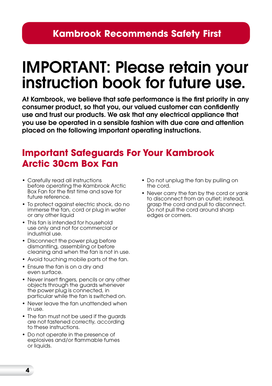 Kambrook recommends safety first | Kambrook ARCTIC KFA612 User Manual | Page 4 / 8