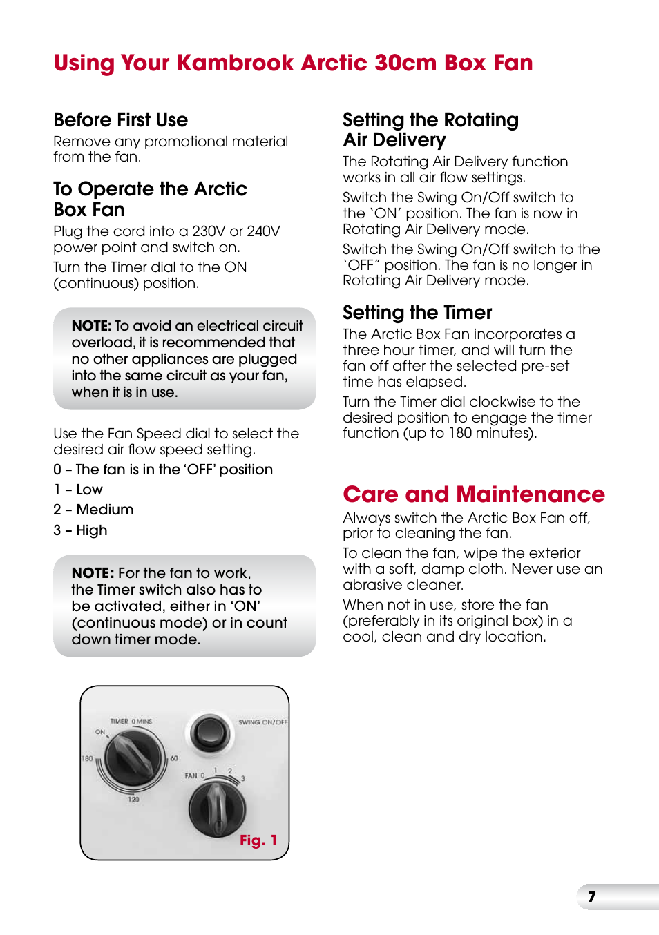 Using your kambrook arctic 30cm box fan, Care and maintenance, Before first use | Setting the rotating air delivery, Setting the timer | Kambrook ARCTIC KFA612 User Manual | Page 7 / 8