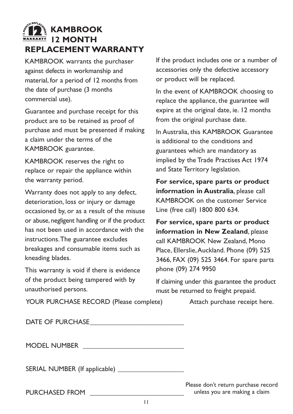 Kambrook 12 month replacement warranty | Kambrook KI900 User Manual | Page 11 / 12