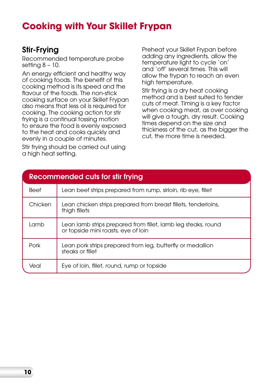 Cooking with your skillet frypan, Stir-frying, Recommended cuts for stir frying | Kambrook ESSENTIALS KEF90 User Manual | Page 10 / 20
