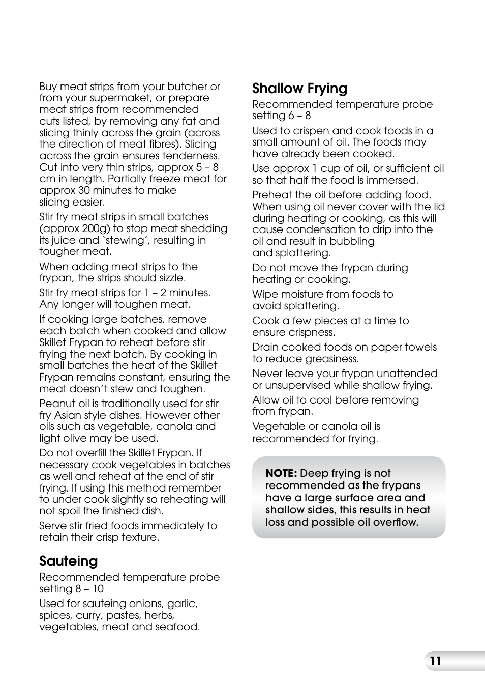 Sauteing, Shallow frying | Kambrook ESSENTIALS KEF90 User Manual | Page 11 / 20