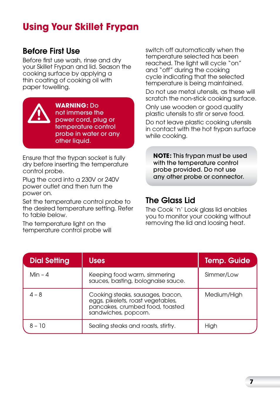 Using your skillet frypan, Before first use, The glass lid | Dial setting uses temp. guide | Kambrook ESSENTIALS KEF90 User Manual | Page 7 / 20