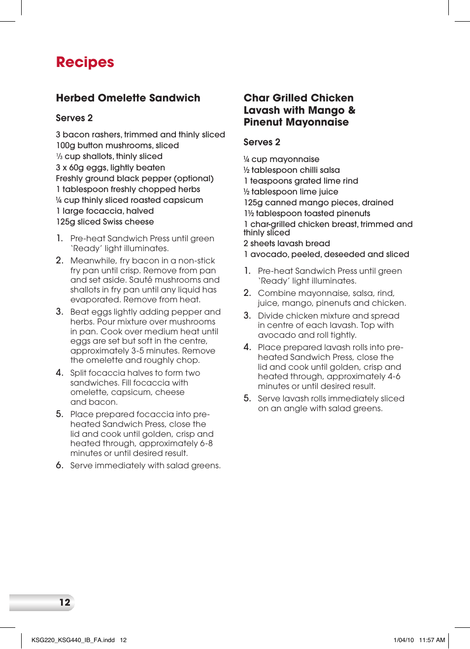 Recipes | Kambrook KSG440 User Manual | Page 12 / 20