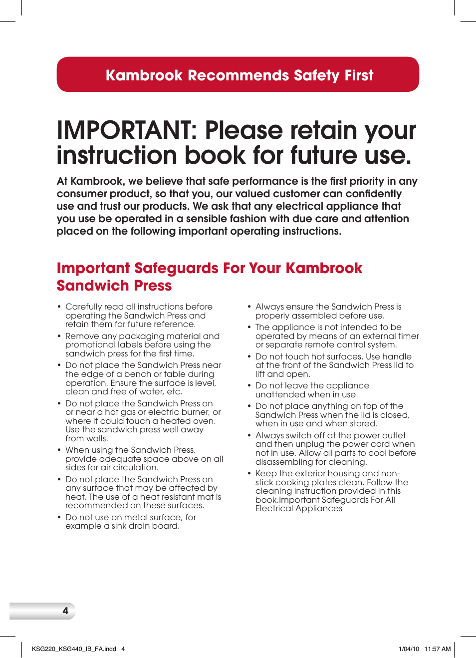 Kambrook recommends safety first | Kambrook KSG440 User Manual | Page 4 / 20