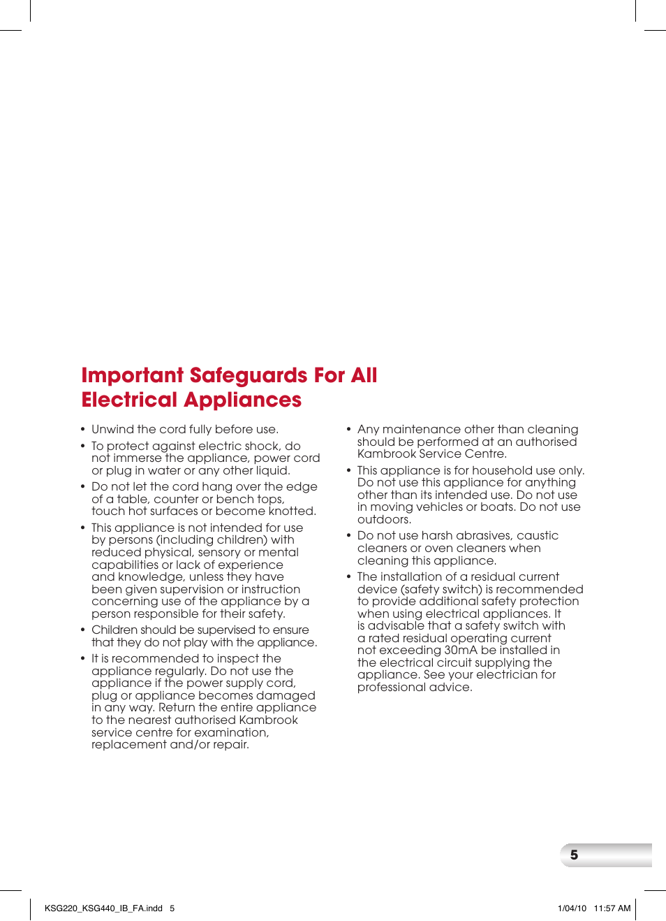 Important safeguards for all electrical appliances | Kambrook KSG440 User Manual | Page 5 / 20