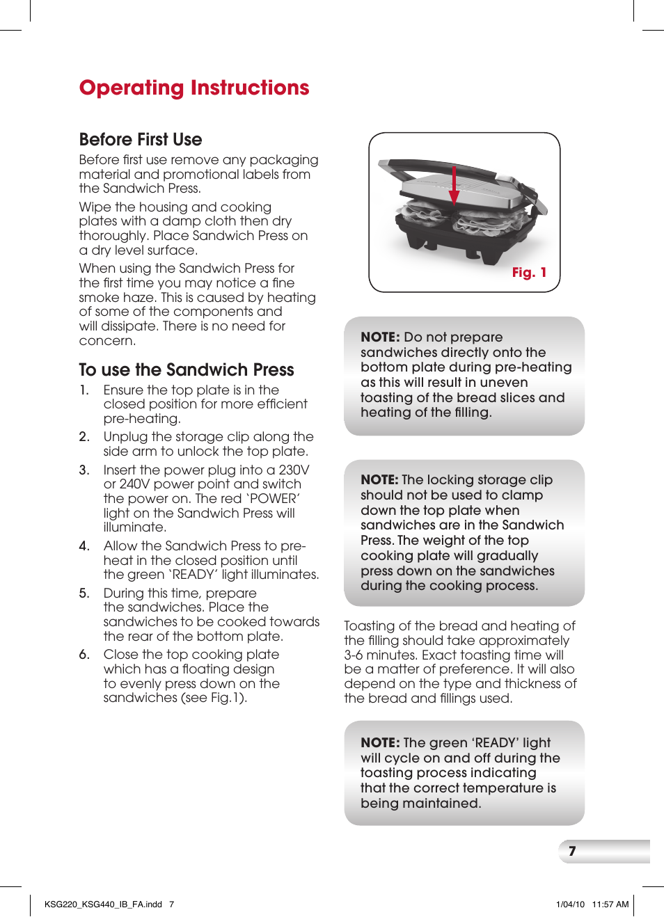 Operating instructions, Before first use | Kambrook KSG440 User Manual | Page 7 / 20
