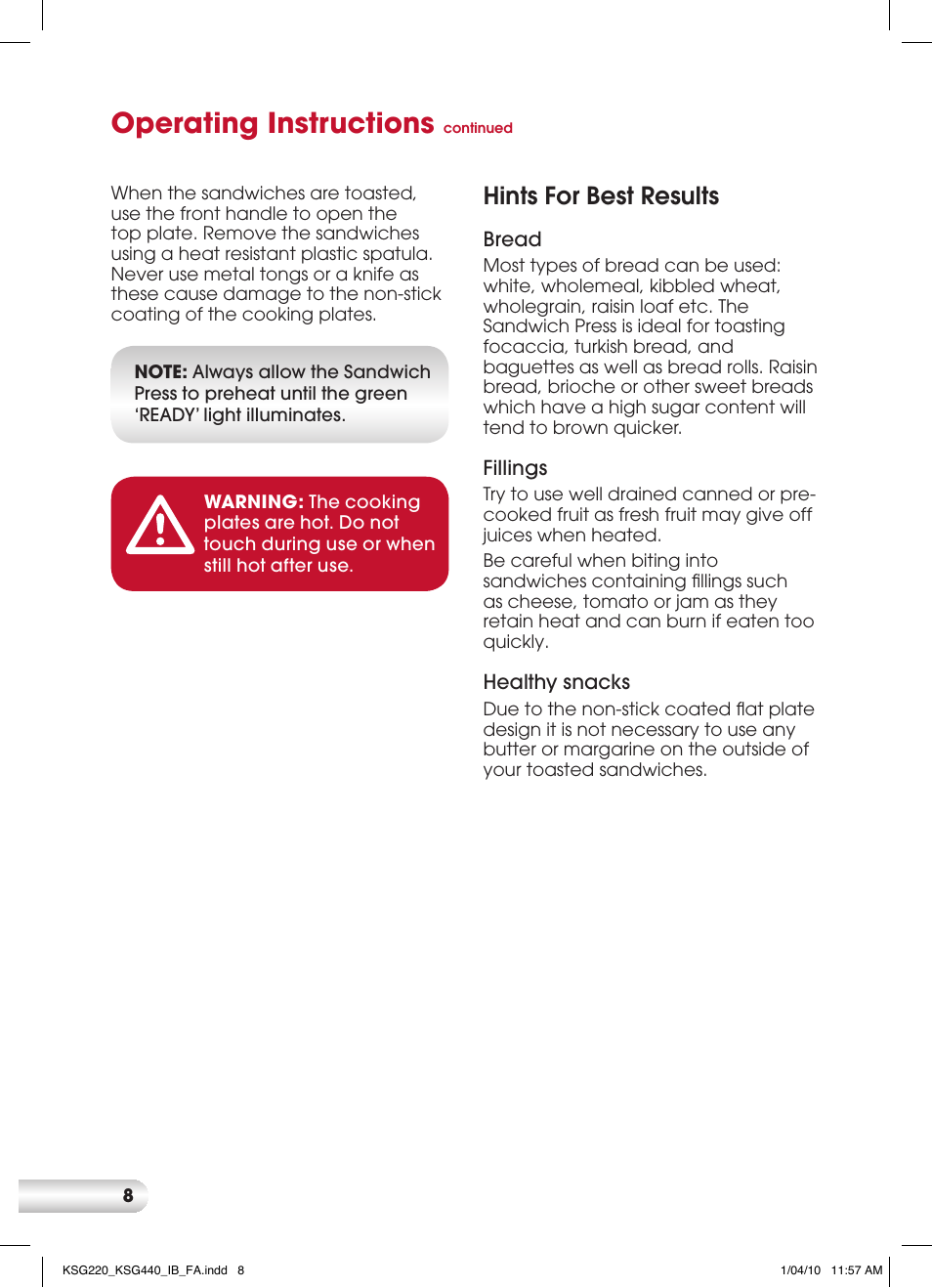 Operating instructions, Hints for best results | Kambrook KSG440 User Manual | Page 8 / 20