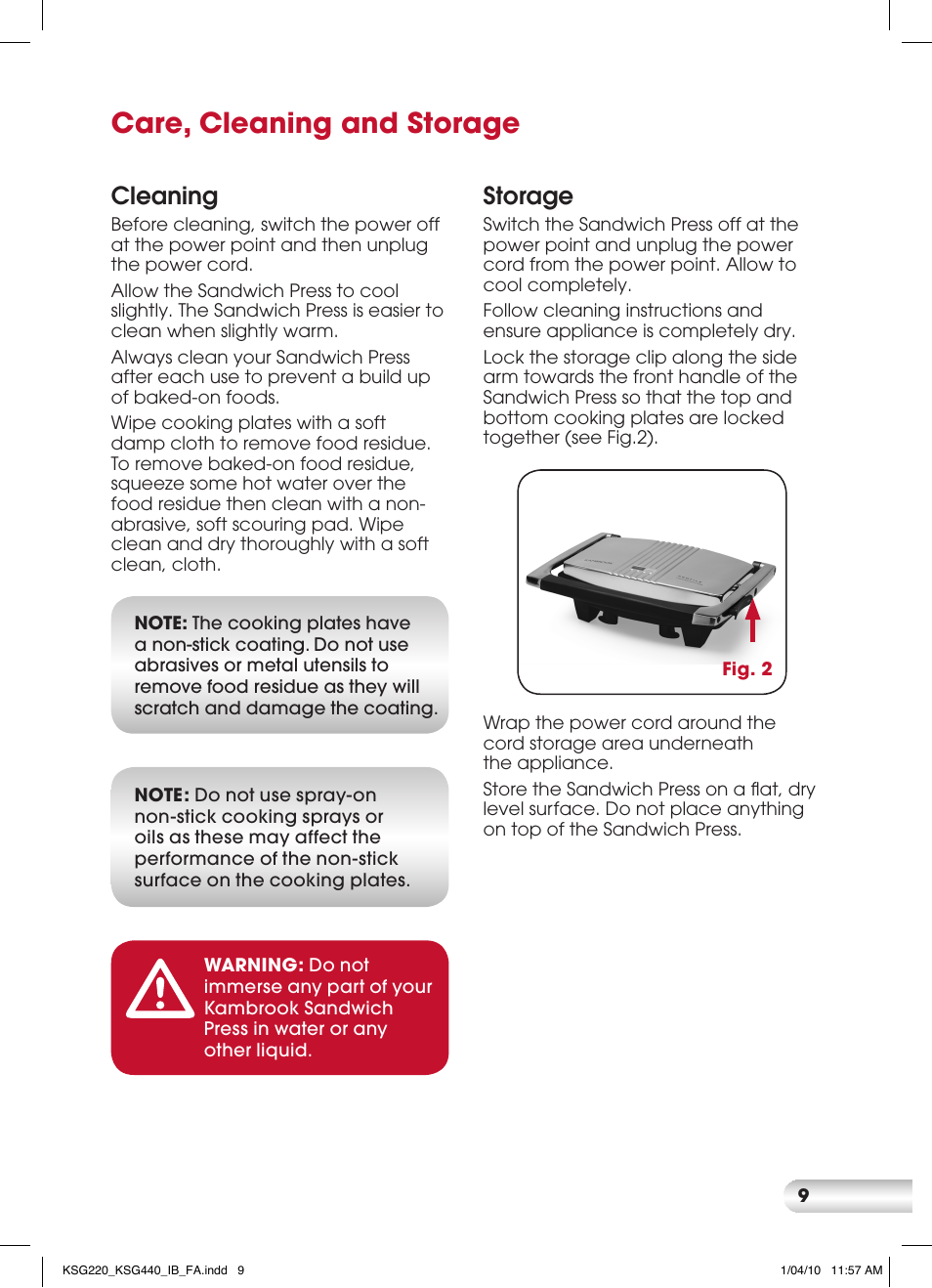 Care, cleaning and storage, Cleaning, Storage | Kambrook KSG440 User Manual | Page 9 / 20