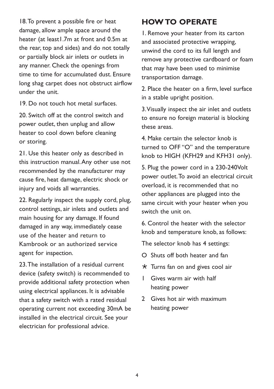 How to operate | Kambrook KFH29 User Manual | Page 4 / 8