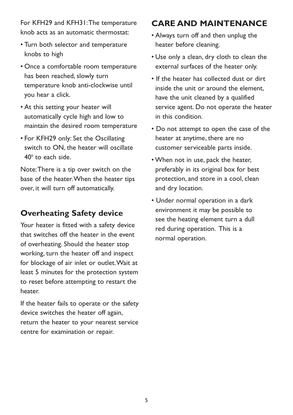 Overheating safety device, Care and maintenance | Kambrook KFH29 User Manual | Page 5 / 8