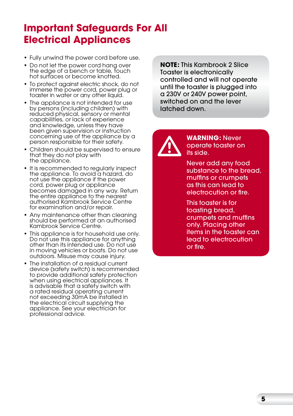 Important safeguards for all electrical appliances | Kambrook KT220 User Manual | Page 5 / 12