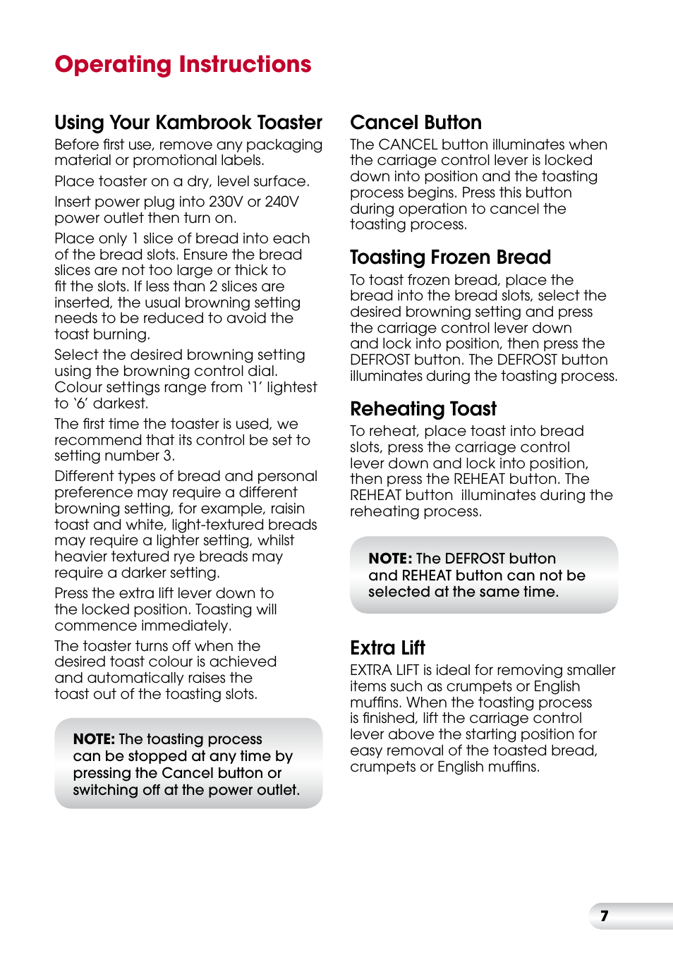 Operating instructions, Using your kambrook toaster, Cancel button | Toasting frozen bread, Reheating toast, Extra lift | Kambrook KT220 User Manual | Page 7 / 12