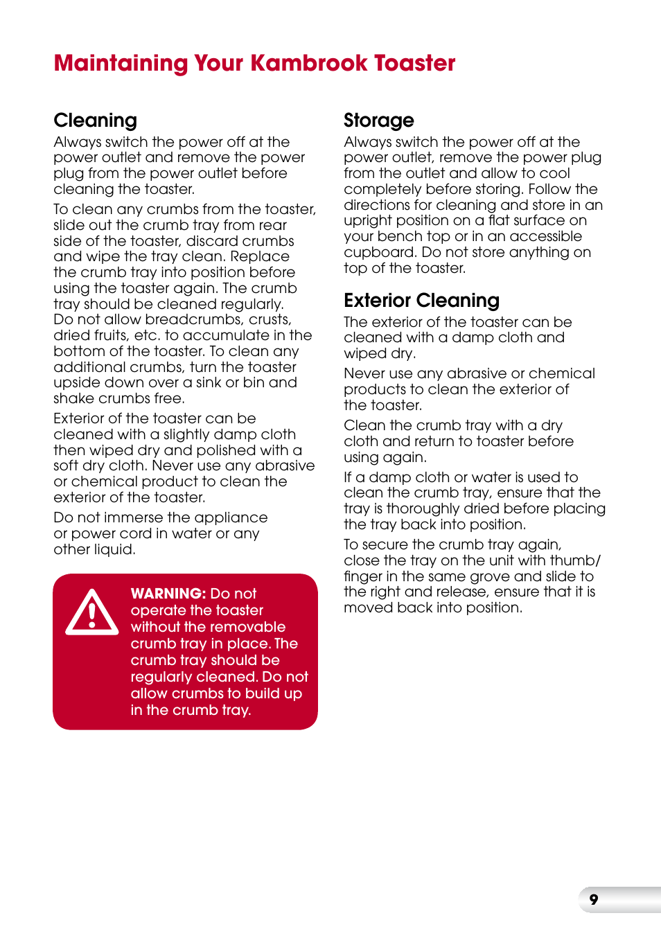 Maintaining your kambrook toaster, Cleaning, Storage | Exterior cleaning | Kambrook KT220 User Manual | Page 9 / 12