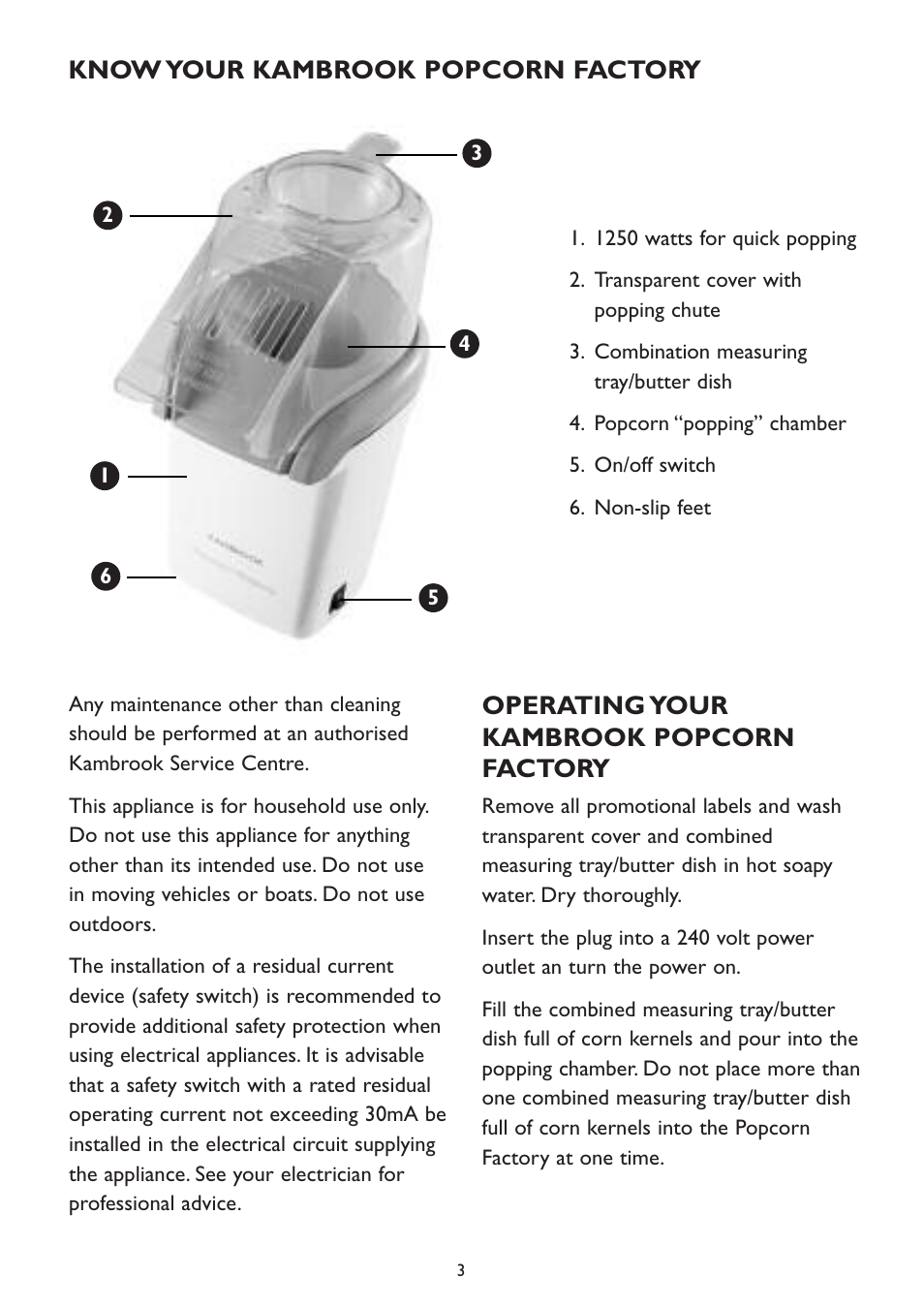 Operating your kambrook popcorn factory, Know your kambrook popcorn factory | Kambrook KPC10 User Manual | Page 3 / 8