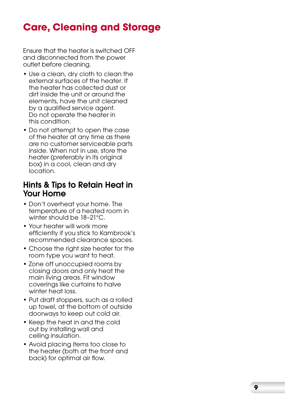 Care, cleaning and storage, Hints & tips to retain heat in your home | Kambrook KRH110 User Manual | Page 10 / 12