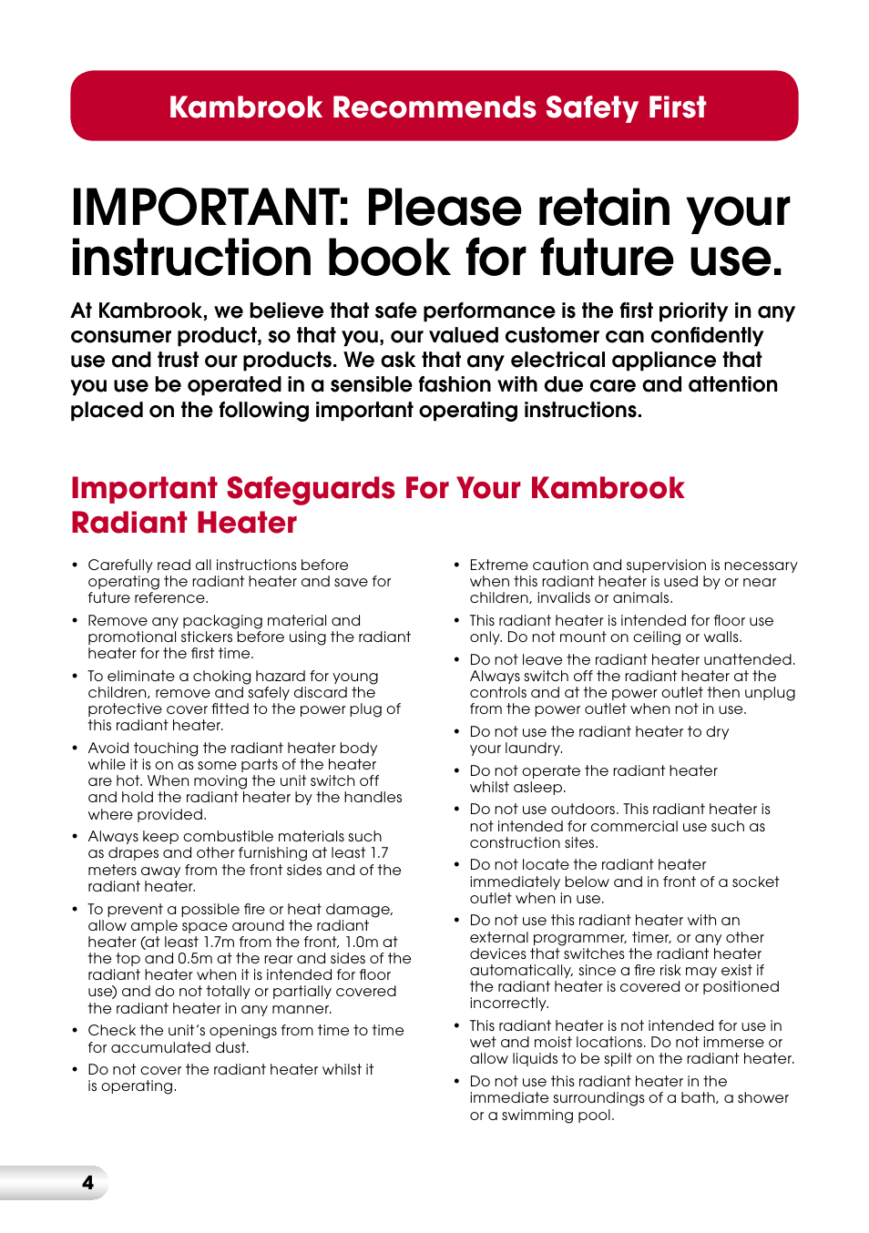 Kambrook recommends safety first | Kambrook KRH110 User Manual | Page 5 / 12