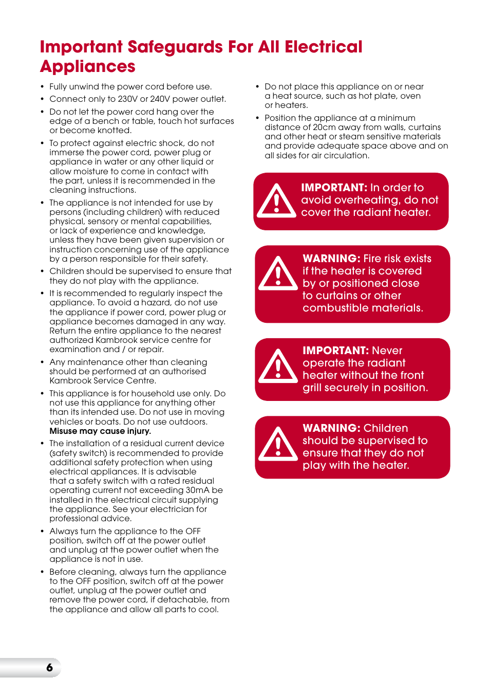 Important safeguards for all electrical appliances | Kambrook KRH110 User Manual | Page 7 / 12