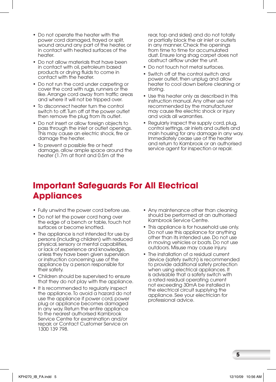 Important safeguards for all electrical appliances | Kambrook KFH270 User Manual | Page 5 / 12