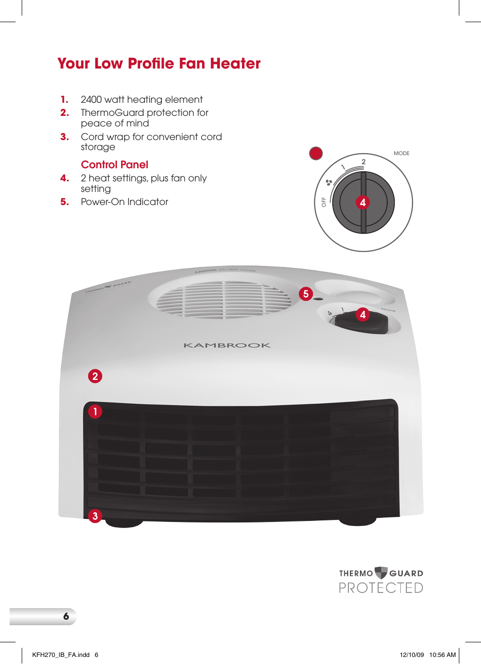 Your low profile fan heater, Control panel | Kambrook KFH270 User Manual | Page 6 / 12