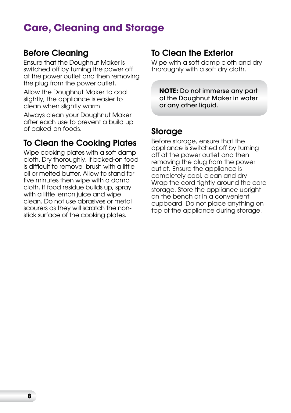Care, cleaning and storage, Before cleaning, Storage | Kambrook LITTLE CHEFS KDM1 User Manual | Page 8 / 16