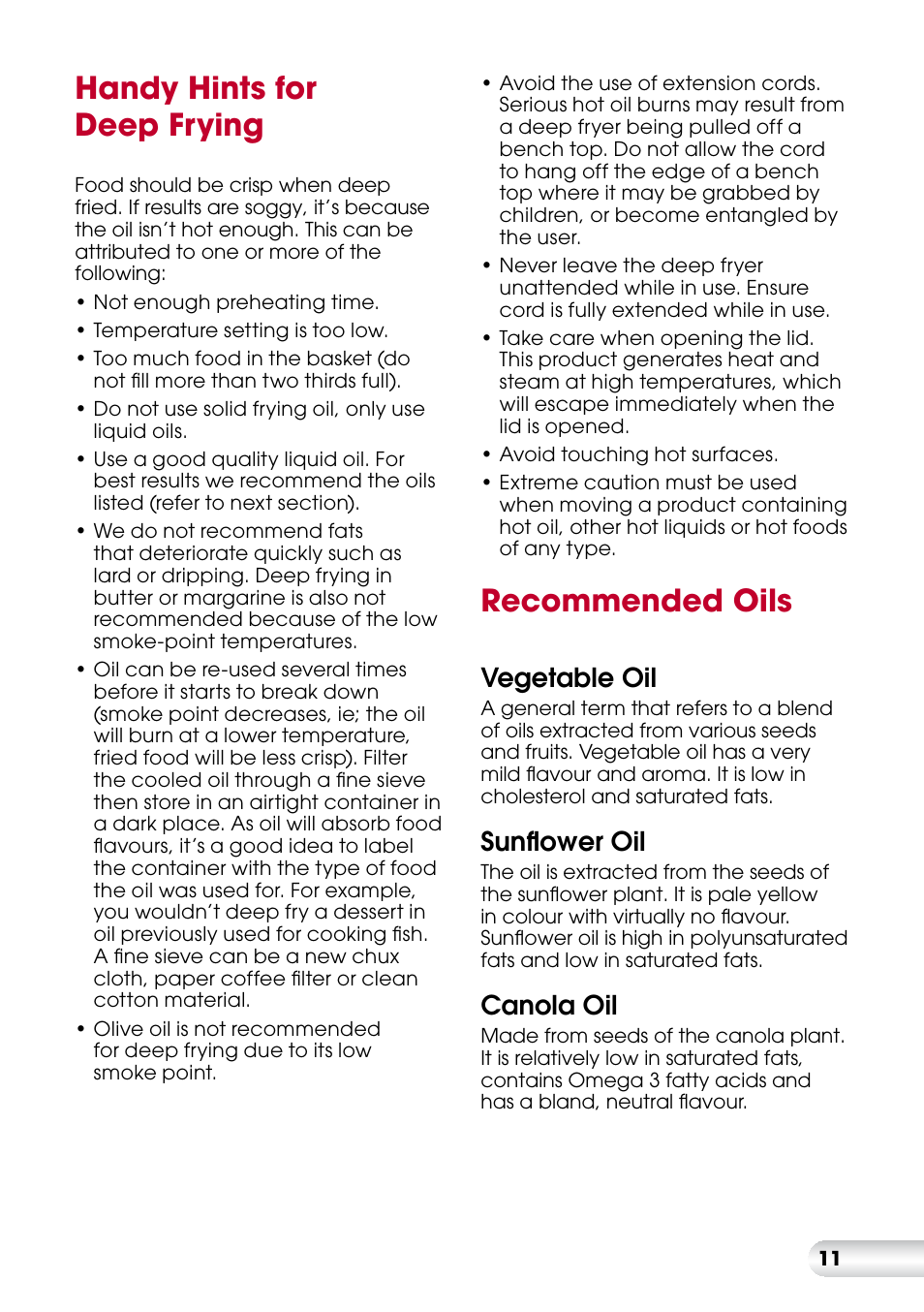 Handy hints for deep frying, Recommended oils, Vegetable oil | Sunflower oil, Canola oil | Kambrook KDF560 User Manual | Page 12 / 20