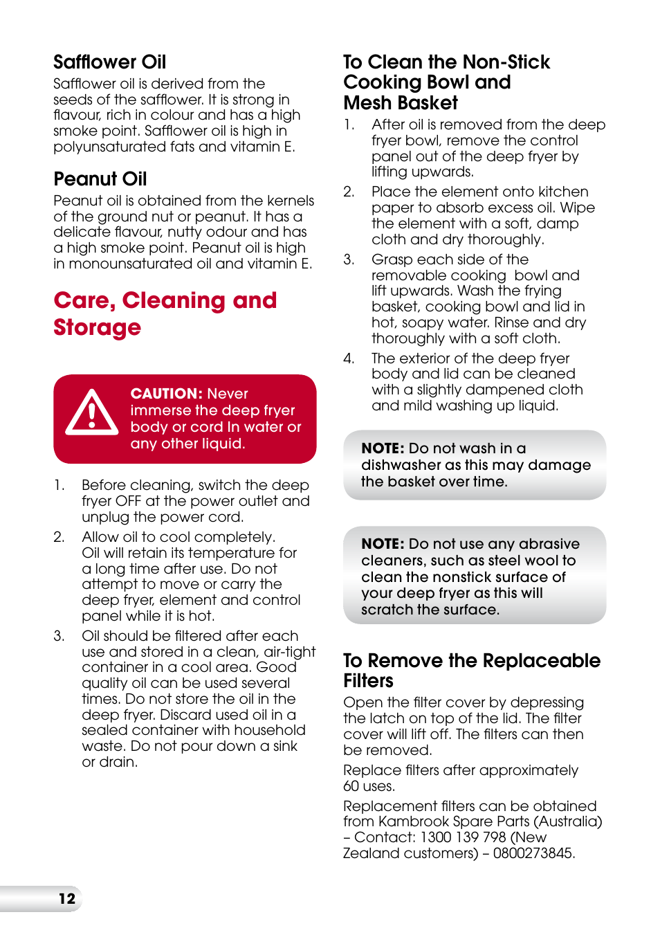Care, cleaning and storage, Safflower oil, Peanut oil | Kambrook KDF560 User Manual | Page 13 / 20