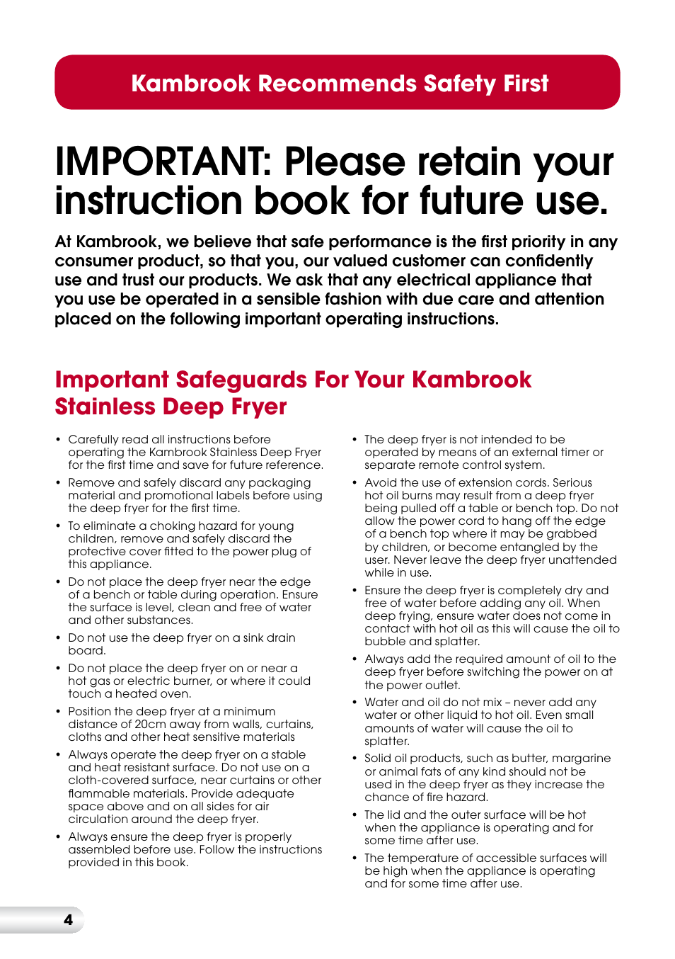 Kambrook recommends safety first | Kambrook KDF560 User Manual | Page 5 / 20