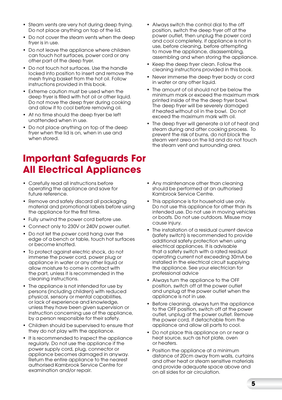Important safeguards for all electrical appliances | Kambrook KDF560 User Manual | Page 6 / 20