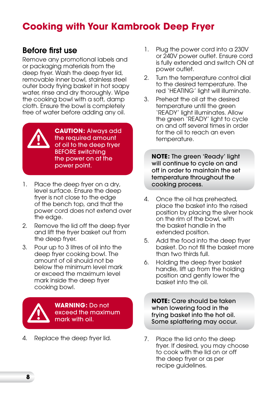 Cooking with your kambrook deep fryer, Before first use | Kambrook KDF560 User Manual | Page 9 / 20